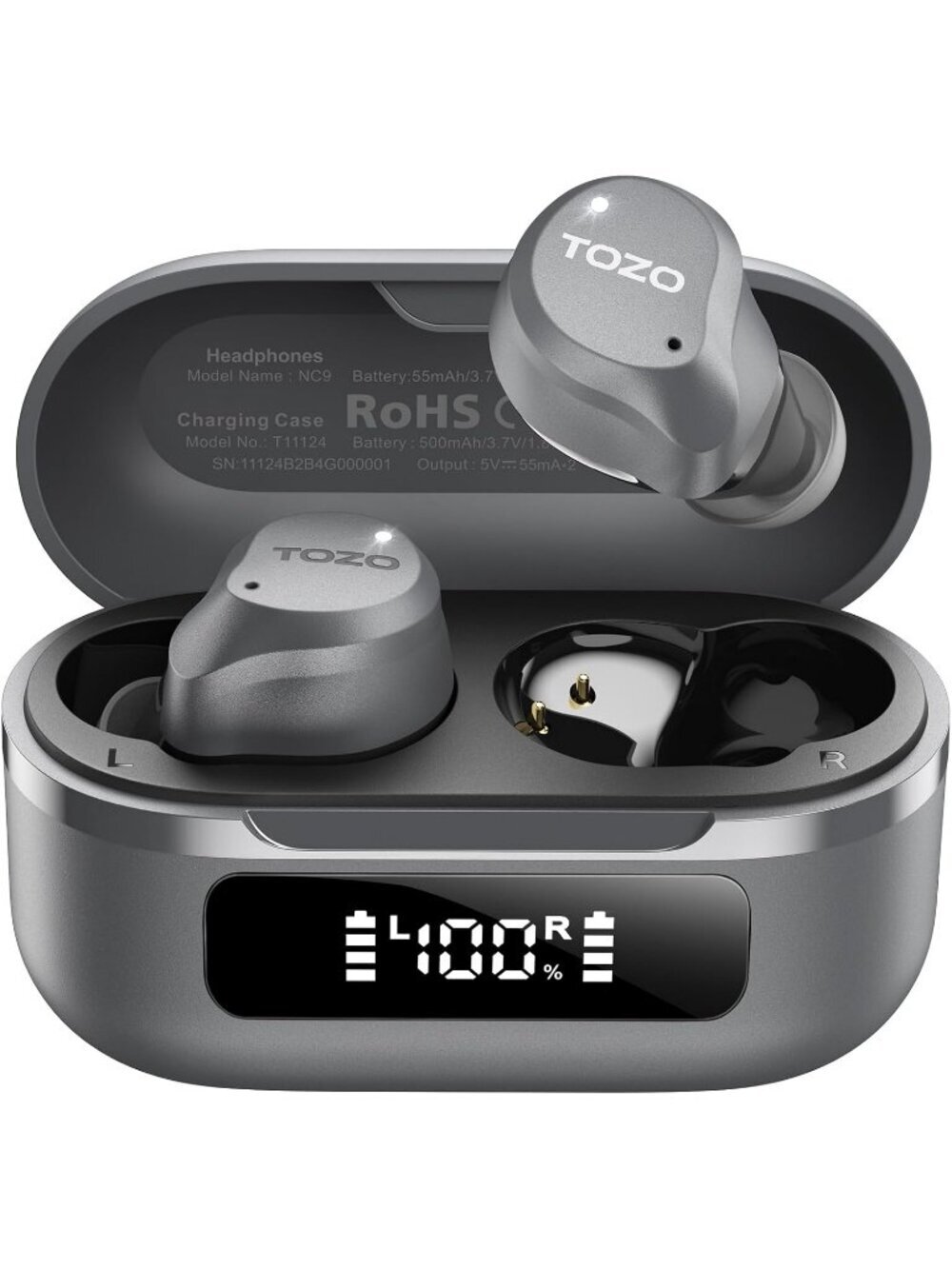 Wireless Grey NC9 Hybrid Active Noise Cancelling Bluetooth Earbuds 60H Playtime